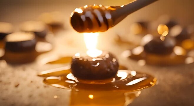 Macro shot showcasing golden honey dripping from a wooden dipper on a warm background emphasizing sweetness 4K