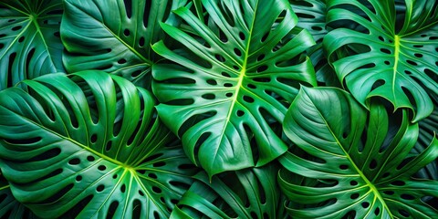 Tropical Monstera Leaf Texture, Lush Greens, Botanical Background, Jungle, Plants