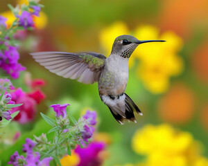 Fototapeta premium Delicate Hummingbird Flitting in a Colorful Blooming Garden: A Portrait of Nature