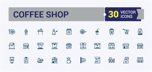 Coffee Shop linear icon collection. Featuring machine, cafe, milk, breakfast, bean, shop, tea. Modern thin icons. Solid line editable stroke.