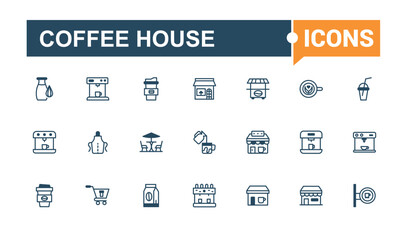 Coffee house icons. Includes icons for cup, graphic, milk, breakfast, shop and more. Minimal linear icons. Solid line editable stroke.