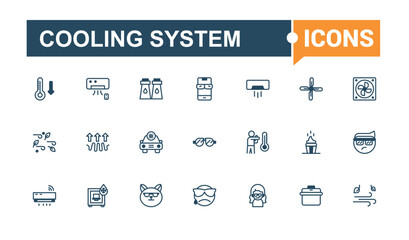 Cooling System line web icon set. Featuring condition, snow, ice, purify, fan, conditioner, snowflake. Simple line and solid vector. Vector illustration in modern line style.
