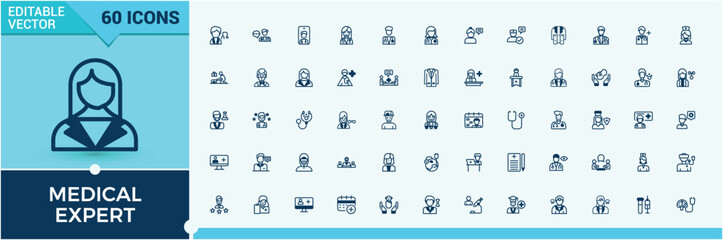 Medical Expert icon pack. Includes icons for service, human, health care, profession, surgery, pharmacy and more. Flat UI icon design. Vector outline and solid icons collection.