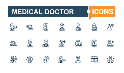 Medical Doctor linear icon collection. Contains such icons as service, health, physician, doctor, medicine, surgery and more. Solid line editable stroke.