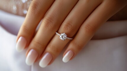 Elegant diamond ring on a womans hand with neutral colored manicure in natural light