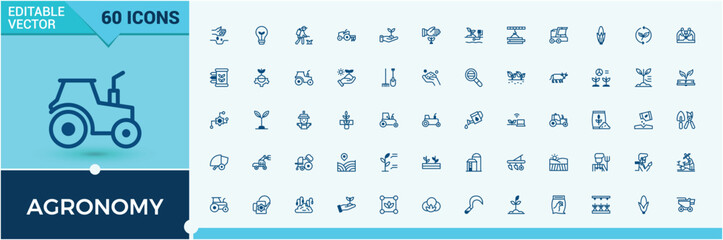Agronomy thin line icon set. Contains related to wheat, agriculture, grain, grow, rain, water, organic and more. Outline icons pack. Solid line editable stroke. Vector line and solid icons.