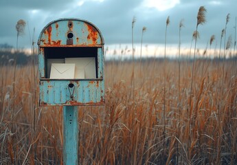 Rusted blue mailbox with envelopes standing in a field of tall grass.