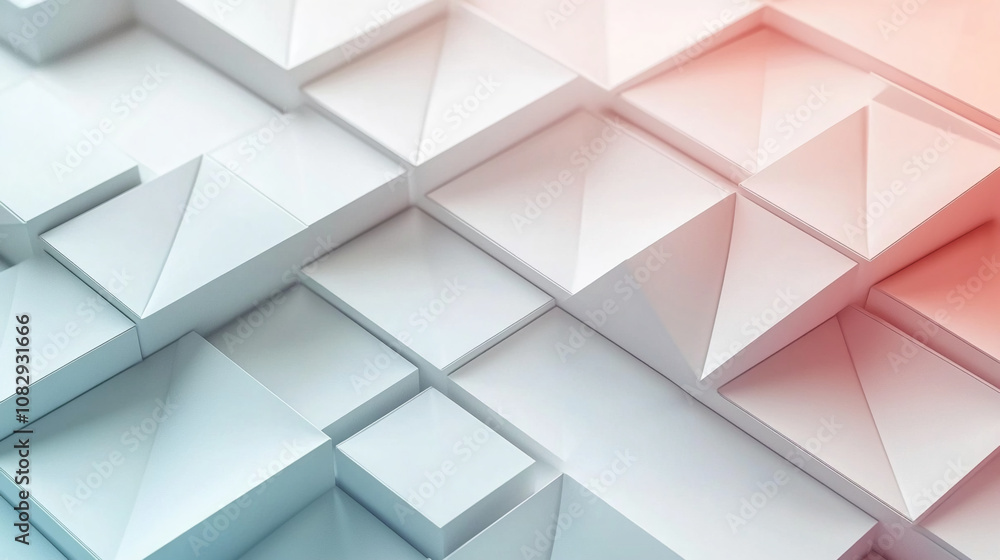 Poster interlocking geometric shapes, predominantly white with a gradient of light pink, create a visually 