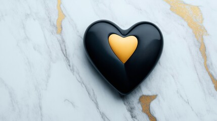 Black heart-shaped object with a golden heart center on a white marble surface with gold accents