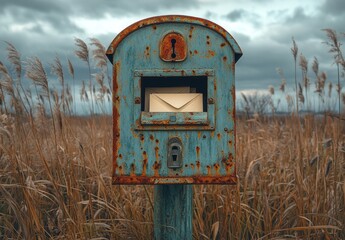 A rusty blue mailbox stands alone in a field of tall grass with a single white envelope inside.