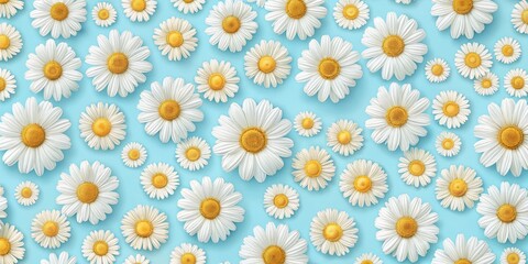 White Daisies on a Light Blue Background, Floral Pattern, Summer Flowers, Daisy, Floral