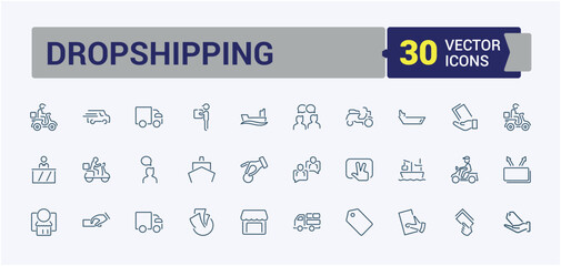Dropshipping icon collection. Contains such icons as pack, work, search, graphic, storage. Isolated icons design. Outline and solid pictogram.