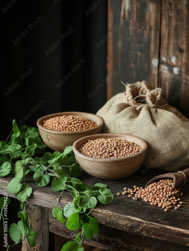 Poster bowls filled with colorful lentils, beans, and chickpeas rest on a rustic wooden table, complemented