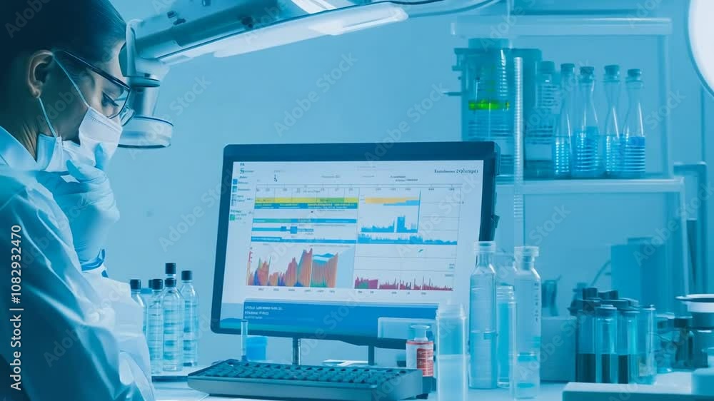 Poster scientist researching with microscope and data analysis generative ai
