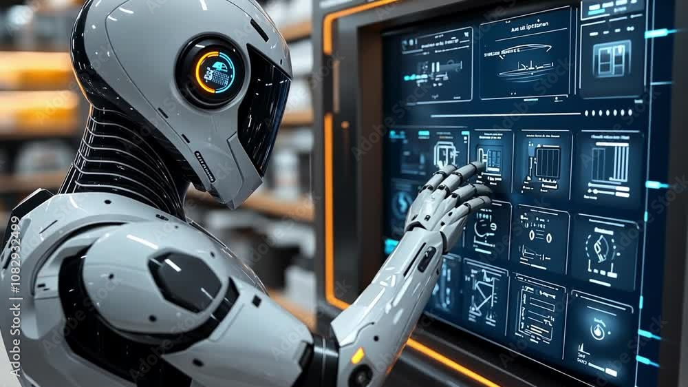 Poster robot interacting with touchscreen interface in a high-tech warehouse environment