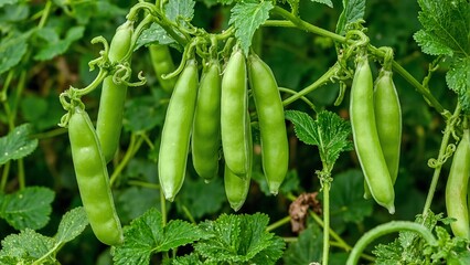 Fresh green peas in pods growing on vine vibrant and lush with delicate tendrils and leaves