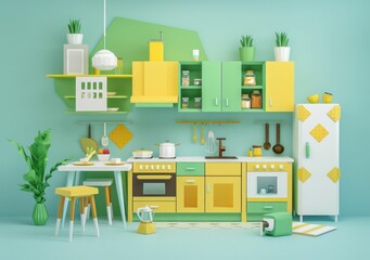 Fototapeta premium modern kitchen design, colorful cabinets, fresh green and yellow tones, minimalist d cor, bright interior, cozy home atmosphere, functional furniture and accessories, stylish cooking space