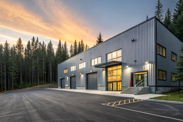 sunset on Straight Wall Steel Commercial Garage Building. Generative ai
