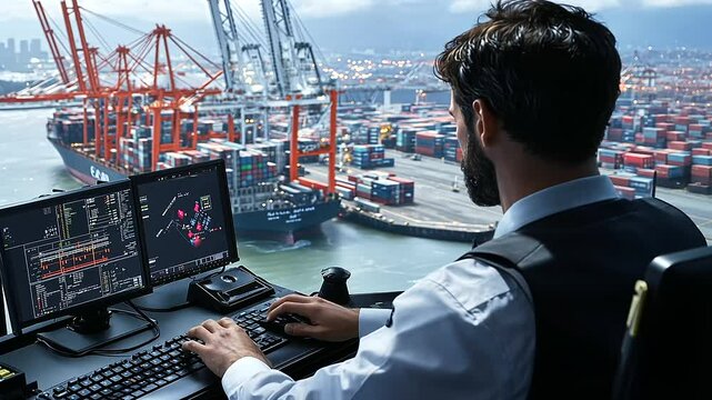 The officer taps on a computer keyboard, surrounded by cargo statistics, while the window offers a view of port cranes lifting containers from ships, blending data with physical lo
