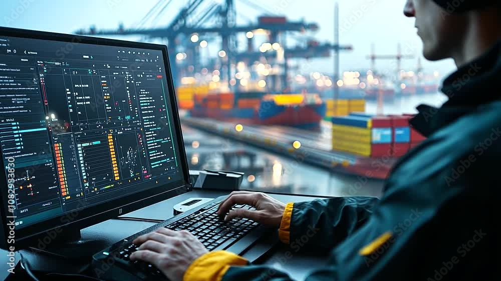 Poster the officer checks shipping schedules and cargo weights on a bright computer screen, their fingers t