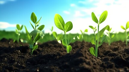 Young green plants sprout vibrantly from rich soil, reaching for the sunlight under a clear blue sky, embodying growth and renewal.