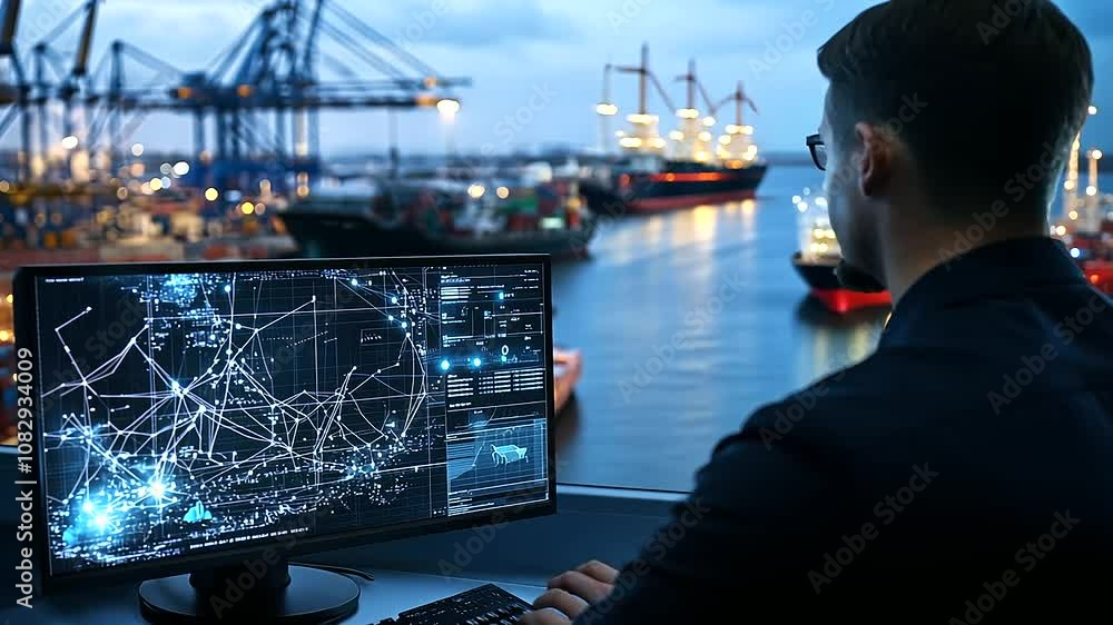 Poster the officer examines detailed cargo data on a digital display, with port operations in full view thr
