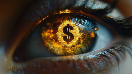Eye with glowing dollar symbol on iris. Man vision focus life goal, digital money, quick rich scam, crypto market rank concept themes. Generative AI