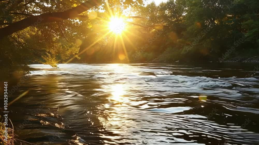Poster sun is setting over a river, casting warm light rays through the branches of trees, creating a seren