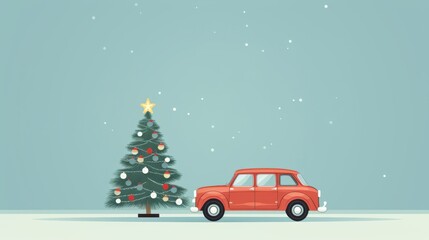 Cute retro toy car carrying a Christmas tree on its roof, set against a soft blue background, evoking nostalgic holiday cheer.