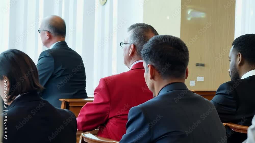 Poster attendees in formal attire listening during a conference session generative ai