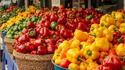 Vibrant bell peppers in baskets at farmers market stall