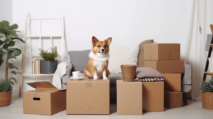 Fototapeta premium Cozy home setting with a cute puppy sitting on packed moving boxes, surrounded by plants and a comfy sofa.