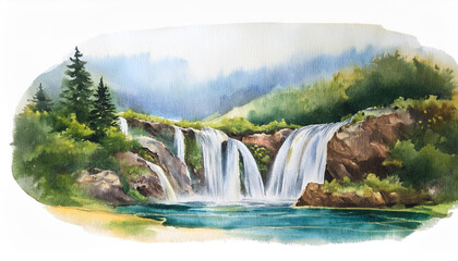 Fototapeta premium Watercolor painting of breathtaking waterfalls. Clear water. Hand drawn art. Natural landscape.
