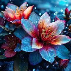 Radiant floral close up with striking colors, emphasizing delicate textures. Glimmering droplets enhance visual intrigue. For background, greeting card, print, poster, design needing lively energy.