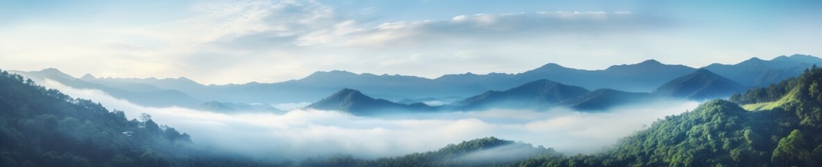 An ethereal view of a foggy jungle landscape with mist swirling among the mountains, creating a mysterious and tranquil natural tapestry.