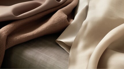 Luxurious earth-tone fabrics are gently caressed in loving hands, emphasizing texture and warmth in a tactile and comforting embrace.