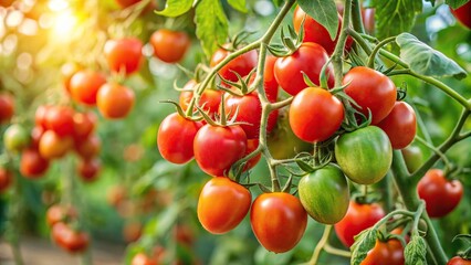 A mature tomato plant with several ripe tomatoes hanging from its branches, vine, foliage, crop