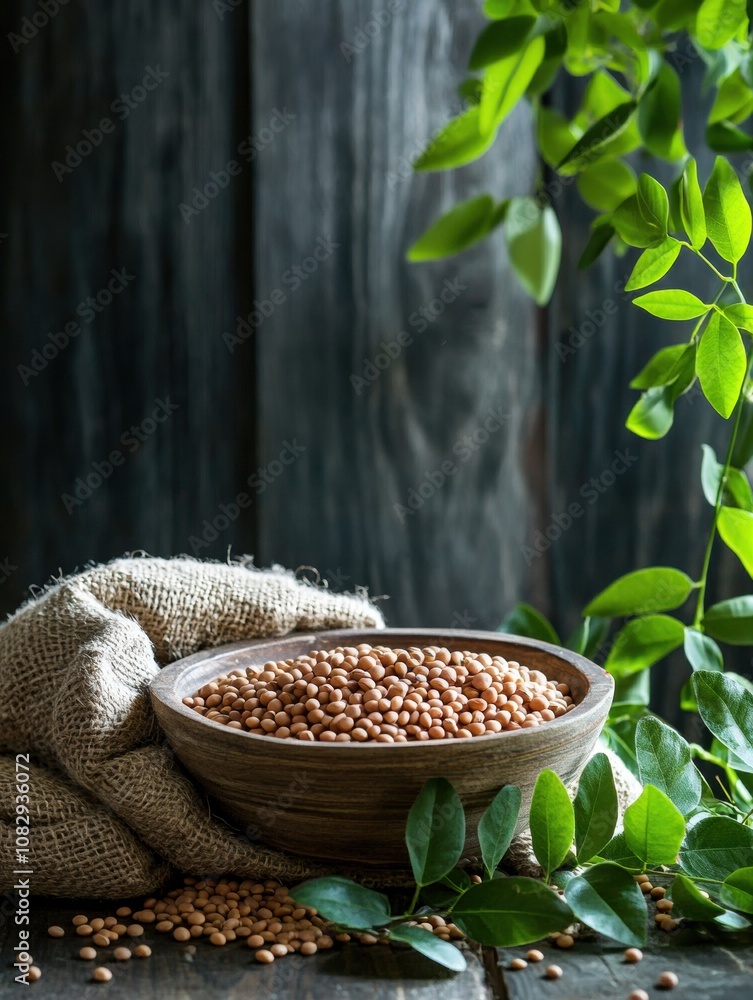 Aufkleber bowls and sacks filled with lentils, beans, and chickpeas rest on a rustic wooden table beside fresh