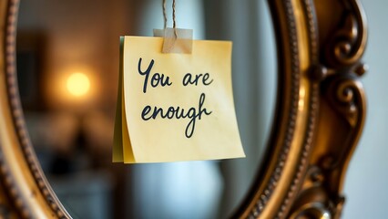 Sticky Note with 'You Are Enough' on Mirror, Embracing Self-Love and Positivity