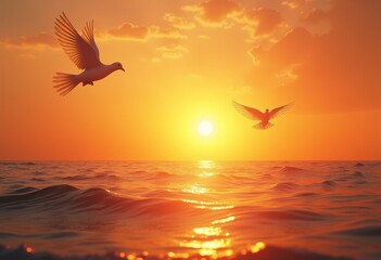 Fototapeta premium Two birds soaring over a tranquil ocean at sunset, capturing the beauty of nature's evening glow and the horizon’s vibrant colors