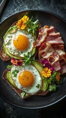 Delicious breakfast featuring avocado toast with eggs and crispy bacon on a dark plate