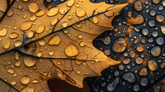 close-up of an autumn leaf with water droplets, showcasing the intricate patterns and textures that make up nature's canvas.