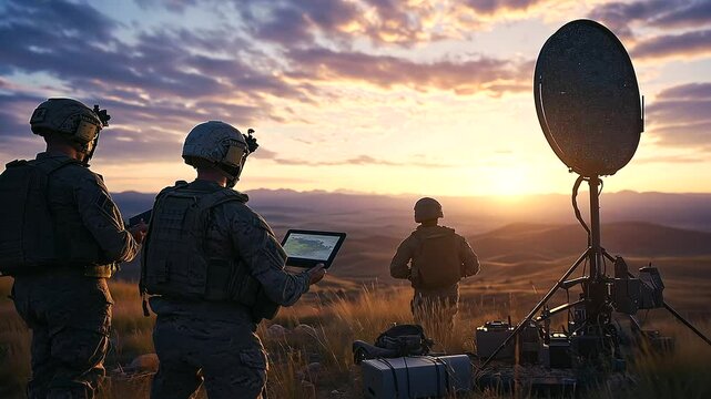 In a rugged border outpost, troops gather around a tablet displaying live surveillance feeds, with a Starlink antenna positioned nearby, beaming satellite data across the vast, des