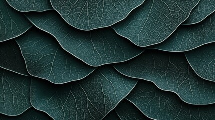 Obraz premium Close-up view of overlapping dark green leaves with intricate vein patterns creating a textured surface. The leaves form a layered pattern with visible detailed veins.