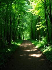 Obraz premium A narrow dirt path disappearing into a lush green forest, with sunlight filtering through the leaves above, destination, journey, tranquil