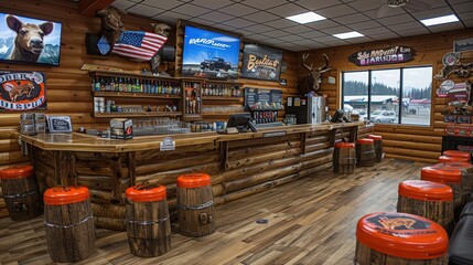 A rustic and welcoming bar with wooden interior design elements, decorated with American flags and beer advertisements, featuring cozy seating arrangements