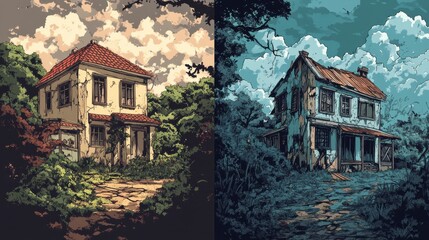 Fototapeta premium Two Contrasting Houses: Mansion and Dilapidated Shack