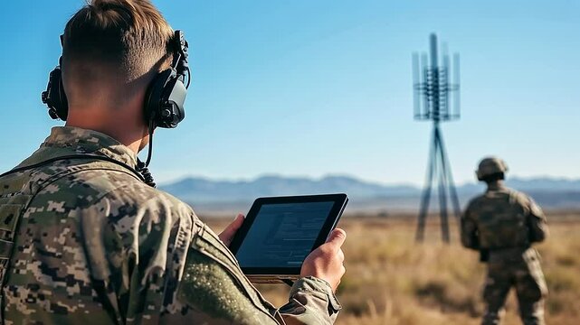 On the edge of a remote border, troops monitor live surveillance footage on a tablet, while a Starlink antenna beams signals from the clear sky, symbolizing satellite-enabled borde