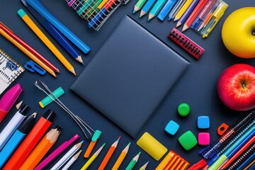 Colorful school supplies and apples arranged around a closed notebook on a dark surface, perfect for educational or back-to-school concepts
