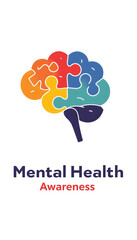Obraz premium Colorful brain illustration with puzzle pieces and 'Mental Health Awareness' text highlighting mental health support
